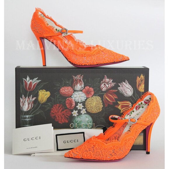 GUCCI SHOES VIRGINIA CORDED LACE MARY JANE POINTY PUMPS CRYSTAL sz 37 6.5 US - Picture 3 of 14